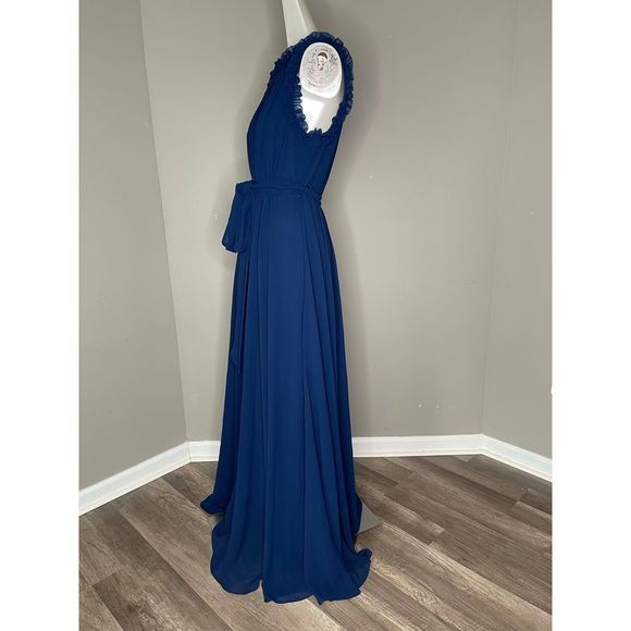 NWT BADGLEY MISCHKA Ruffle-trimmed pleated chiffon gown Size 8 $750 - Picture 5 of 8
